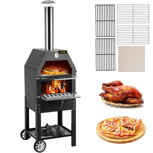 VEVOR Outdoor Pizza Oven, 12" Wood Fire Oven, 2-Layer Pizza Oven Wood Fired, Wood Burning Outdoor Pizza Oven w/ 2 Removable Wheels, Wood Fired Pizza Maker Ovens w/ 900°F Max Temperature for Barbecue