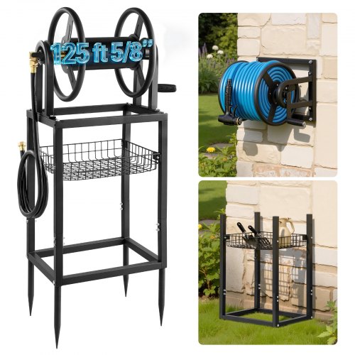 VEVOR Freestanding Garden Hose Reel, Holds 125 Feet of 5/8-inch Hose, Wall Mount or Ground Mount, Detachable Holder Stand with Storage Rack, 5 ft Lead