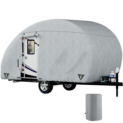 VEVOR Teardrop Trailer Cover, Fit for 16' - 18' Trailers, Upgraded Non-Woven 4 Layers Camper Cover, UV-proof Waterproof Travel Trailer Cover w/ 2 Wind-proof Straps, 1 Storage Bag and 1 Back Gate