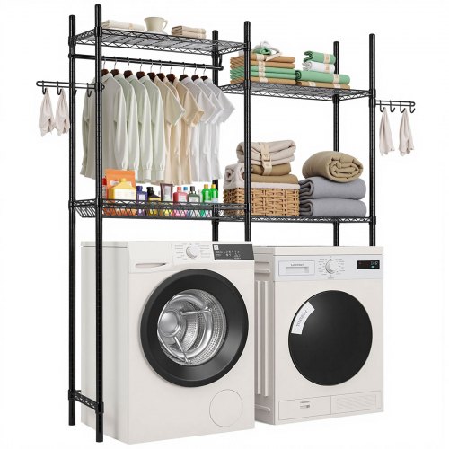 

VEVOR Over Washer and Dryer Storage Shelves, 4 Tiers Laundry Room Drying Rack with Hanger Rod and Hooks, Two Rows Adjustable Washer Shelves Space Saver, for Laundry Room Storage & Organization, Black