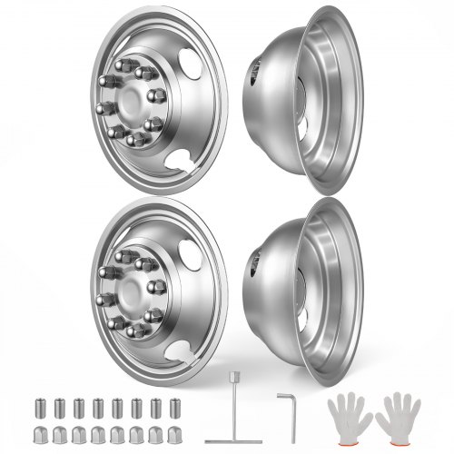 VEVOR 16-Inch Wheel Simulators 8 Lug Stainless Steel Front and Rear Wheel, Fit for 1992-2016 and 2018-2021 Ford E350/E450 Models, 4 Hand Holes, Mirror Polished Finish, Bolt On Hubcaps Covers, 4pcs