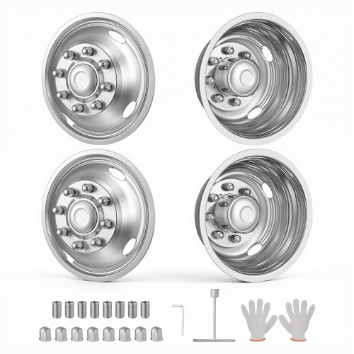 Vevor 17-Inch Wheel Simulators 8 Lug Stainless Steel Front and Rear Wheel, Fit for 2005-2025 Ford F350 Truck Models, 5 Hand Holes, Polished Bolt On Hubcaps Covers, with Installation Tool Kit, 4pcs