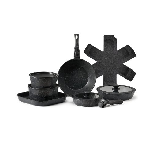 VEVOR 17 Piece Pots and Pans Set, Granite Nonstick Detachable Handle Cookware, Space Saving Induction Cookwares, Kitchen RV Cooking Sets with Frying, Sauce, Saute, Tempered Glass Lid, Oven Safe, Black