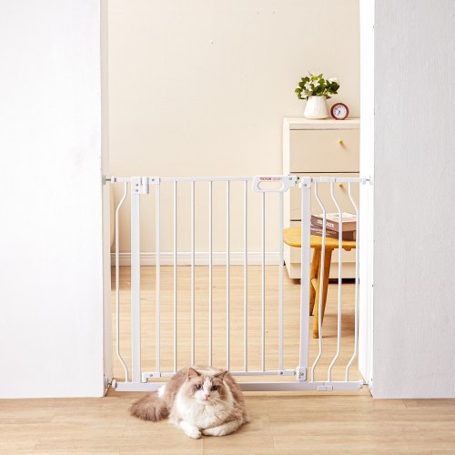 

VEVOR Baby Gate, 749-990 mm Extra Wide, 762 mm High, Dog Gate for Stairs Doorways and House, Easy Step Walk Thru Auto Close Child Gate Pet Security Gate with Pressure Mount Kit & Wall Mount Kit, White