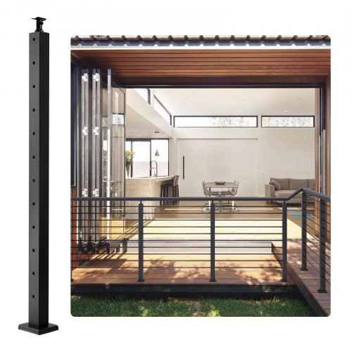 

VEVOR Cable Railing Post, 42" x 2" x 2" Steel Horizontal Hole Deck Railing Post, 12 Pre-Drilled Holes, SUS304 Stainless Steel Cable Rail Post with Horizontal and Curved Bracket, 1-Pack, Black