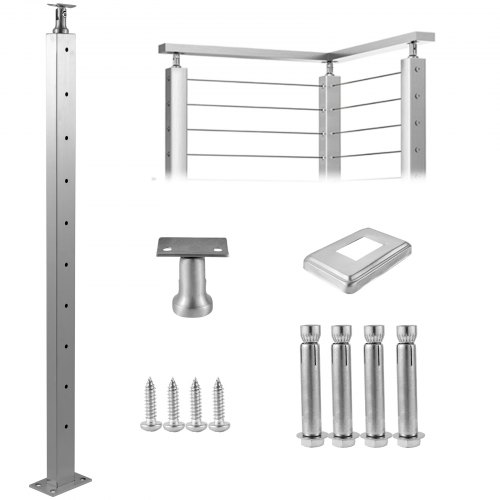 VEVOR Cable Railing Post Level Deck Stair Post 42 x 0.98 x 1.97" Cable Handrail Post Stainless Steel Wire Drawing Deck Railing Pre-Drilled Pickets with Mounting Bracket Stair Railing Kit Silver