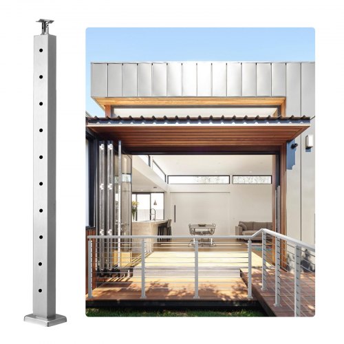 VEVOR Cable Railing Post, 36 x 1 x 2 Steel Horizontal Hole Deck Railing Post, 10 Pre-Drilled Holes, SUS304 Stainless Steel Cable Rail Post with Horizontal and Curved Bracket, 1-Pack, Silver