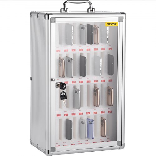 VEVOR 36 Slots Cell Phone Cabinet Silver Aluminum Alloy Pocket Chart Storage Locker Box w/Portable Handle, Key Lock & Handwritten Tags, Wall Mounted for Classroom, Office, Gym