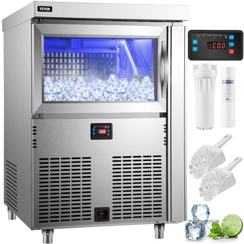 VEVOR 110V Commercial Ice Maker 200LBS/24H, Stainless Steel Under Counter Ice Machine with 100LBS Storage, 80PCS Clear Cube, Auto Operation, Blue Light, Include Water Filter, 2 Scoops, Connection Hose