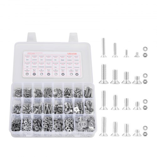 

VEVOR 720 Pcs Bolts and Nuts Assortment Kit, Imperial Machine Screws and Flat Washers, Stainless Steel 6-32,8-32,10-24,1/4-20, for Furniture /Equipment/Vehicle Assembly, Silver