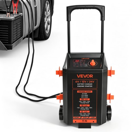 VEVOR Wheeled Battery Charger 6V/12V/24V 80A/400A/250A Car Charger Starter, Heavy Duty Automotive Car Battery Maintainer Engine Start, Fully Automatic, with Wheels, for Lead-Acid and Lithium Batteries