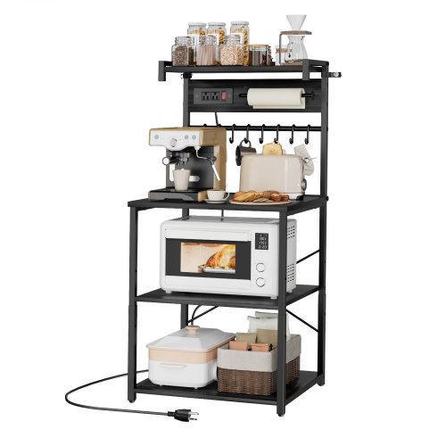 

VEVOR Kitchen Bakers Rack, 4.6ft Power Cable Bakers Rack with Power Outlet, Kitchen Stand with X-Shaped Support Bar, 8 S-Shaped Hooks, Coffee Bar Stand for Dishes, Spice Bottles, Built-In Power Strip