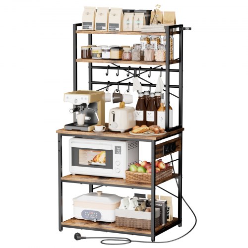 VEVOR Kitchen Bakers Rack, 1.5m Power Cable Bakers Rack with Power Outlet, Kitchen Stand with X-Shaped Support Bar, 12 S-Shaped Hooks, Coffee Bar Stand for Dishes, Spice Bottles, Built-In Power Strip