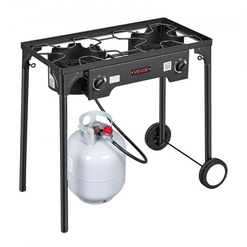 

VEVOR 2 Burner Outdoor Propane Gas Stove, 150,000 BTU Propane LPG Gas Camping Stove, Heavy-duty Carbon Steel Outdoor Cooker, with 2 Wheels & 20 PSI Regulator & Hose, for BBQ Camp Home Patio Backyard