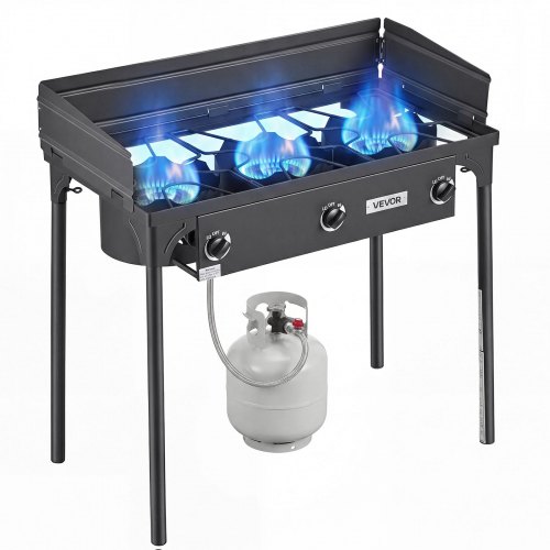

VEVOR 3 Burner Outdoor Propane Gas Stove, 225,000 BTU Propane LPG Gas Camping Stove, Heavy-duty Carbon Steel Outdoor Cooker, with Shield & Tall Stand & Regulator, for BBQ Camp Home Patio Backyard