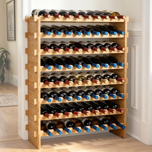 VEVOR 72 Bottle Stackable Modular Wine Rack, 8-Tier Solid Bamboo Wood Storage Racks, Floor Freestanding Wines Holder Display Shelf, Wobble-Free Shelve