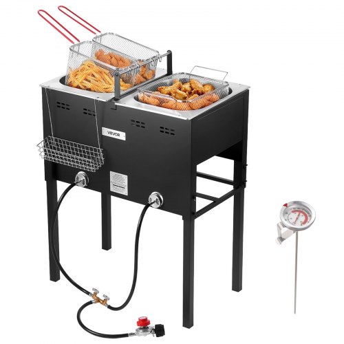 

VEVOR Outdoor Propane Deep Fryer, Dual-Tank 16QTx2 Large Capacity Commercial Fryer, Stainless Steel Fish Cooker with 3 Basket, Thermometer, Floor Standing Fryers for Catering Event Camping, 50,000 BTU