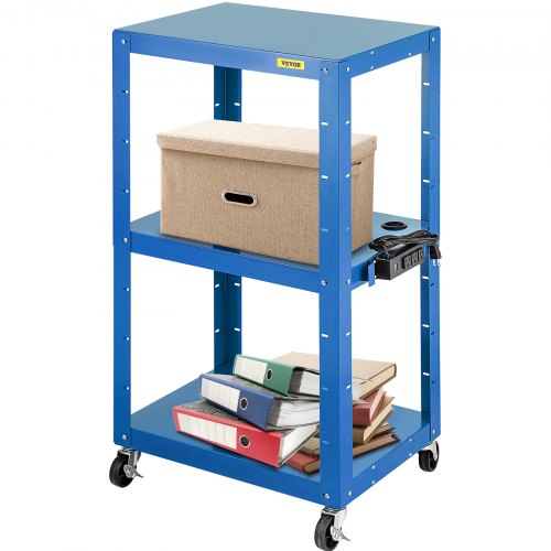 VEVOR Steel AV Cart, 26-41" Height Adjustable Media Cart with Electric Power Cord, 25" x 18" Presentation Cart with 3 Shelves, 150 LBS Rolling Cart with 2 Brakes Suitable for Load-Bearing, Blue