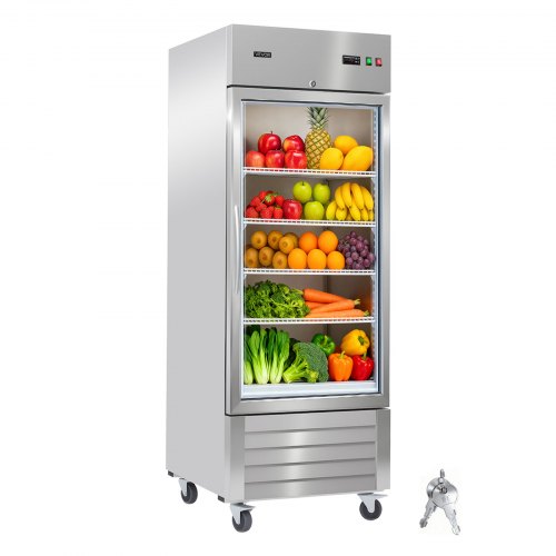 

VEVOR Commercial Refrigerator, 29.02 in Width Reach In Upright Refrigeration Single Glass Door, 21.5 Cu.ft Auto-Defrost Stainless Steel Refrigerator with 4 Adjustable Shelves, 32 to 50℉ Temp Range