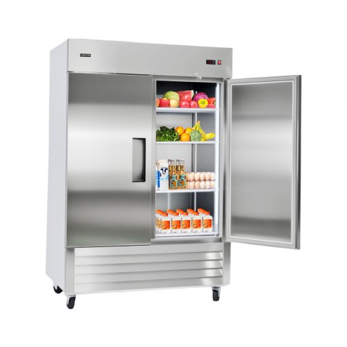 

VEVOR Commercial Refrigerator, 32.2 in Width Reach In Upright Refrigeration Double Door, 43.2 Cu.ft Auto-Defrost Stainless Steel Refrigerator with 8 Adjustable Shelves, 32 to 50℉ Temp Range, 4 Wheels