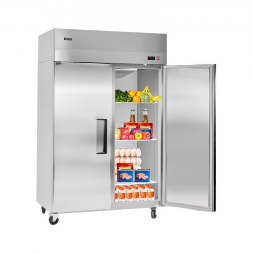 

VEVOR Commercial Refrigerator, 31.89 in Width Reach In Upright Refrigeration Double Door, 32.1 Cu.ft Auto-Defrost Stainless Steel Refrigerator with 8 Adjustable Shelves, 32 to 50℉ Temp Range, 4 Wheels