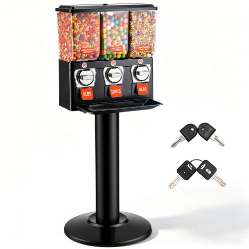 Vevor Commercial Vending Machine, Triple Compartment Candy Dispenser with Iron Stand, Gumball and Candy Machine for Business, Coin Operated Gumball Bank for Toy Capsules Bouncy Balls Candy Nut, Black