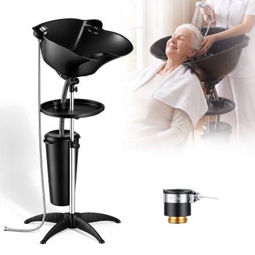 Vevor Portable Shampoo Bowl 270° Rotating Salon Sink Wash Basin with Bucket, for Home & Salon Use, Height and Angle Adjustable, Hair Washing Station with Drain Hose, Showerhead & Storage Tray, Black