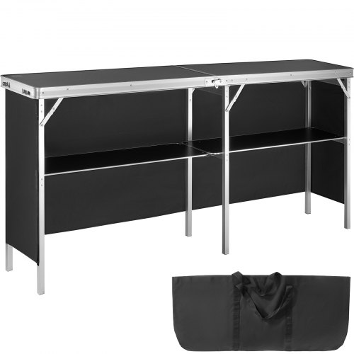 

VEVOR Extra Long Folding Portable Bar Table - Tradeshow Podium Table for Indoor, Outdoor, Party, Picnic, Exhibition, Includes Carrying Case, Storage Shelf and Black Skirt, 77.95" x 15.16" x 34.65