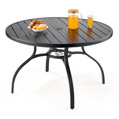 VEVOR Outdoor Patio Dining Table, 47 inch Round Metal Steel Slat Backyard Bistro Tables, with 1.5 in Umbrella Hole, Outside All-Weather Large Furnitur