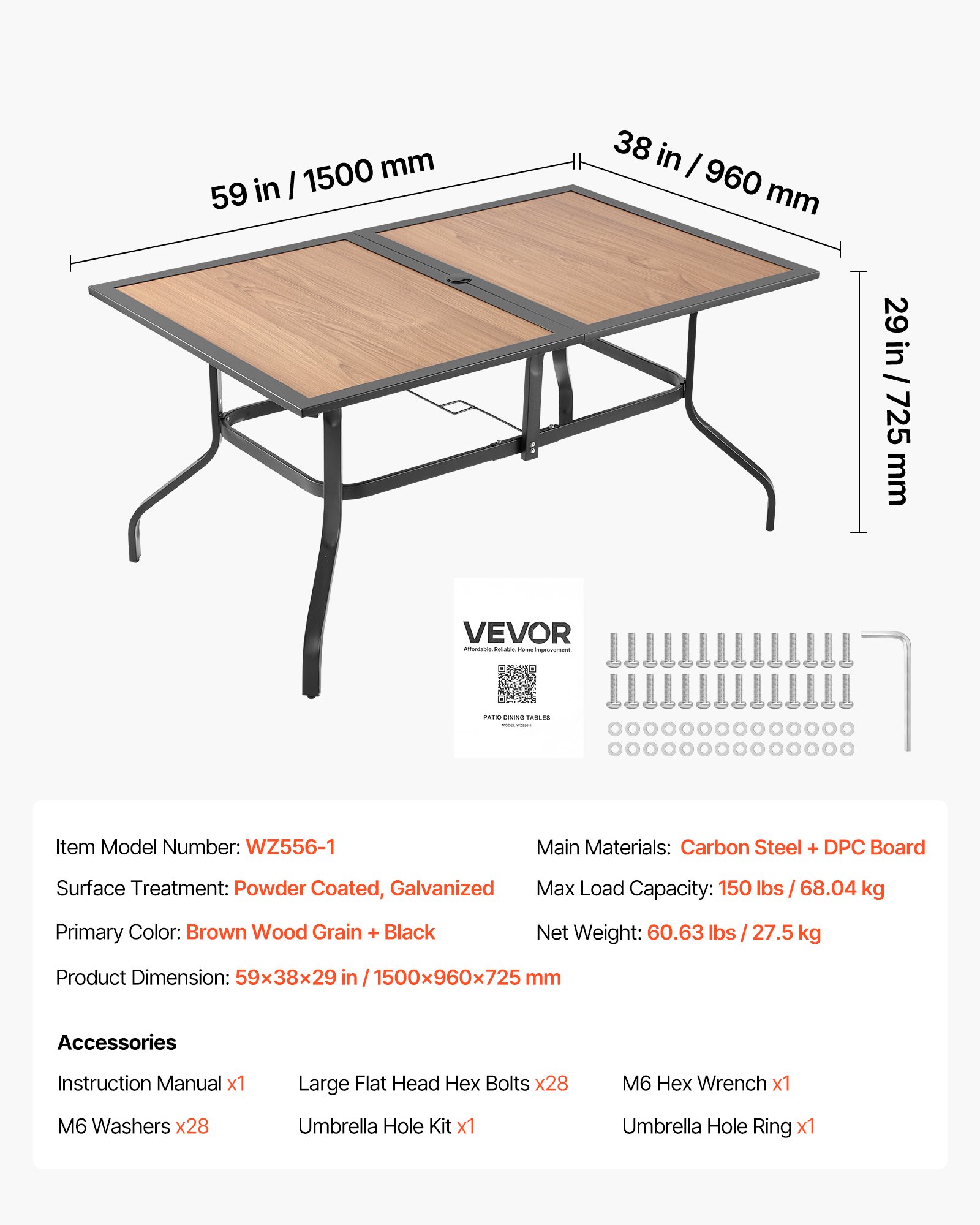 VEVOR Väliterrassi söögilaud, 68,04 kg, 150 cm, 38 mm, pruun
