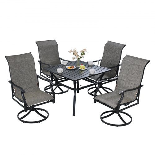 Vevor 5 Pieces Patio Dining Set, Outdoor Furniture Table and Swivel Chairs Set, All Weather Garden Furniture Table Sets, Iron Patio Conversation Set with Umbrella Hole, For Lawn, Deck, Backyard, Black