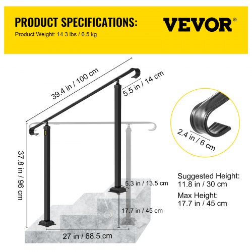 Vevor Vevor Wrought Iron Handrail Stair Railing Fit 1 3 Steps Adjustable Hand Rail Vevor Au