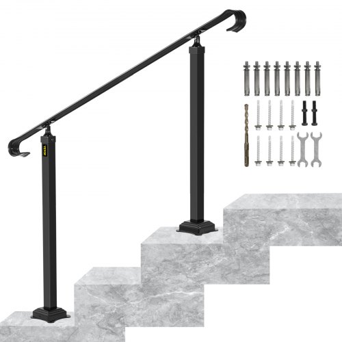 VEVOR Black Stair Handrails, Wrought Iron Outdoor Handrails, Adjustable Stair Railing Fit 1 to 3 Steps, Suitable For Home, Garden, Hotel, Porch, And Other Places With Stairs Or Steps