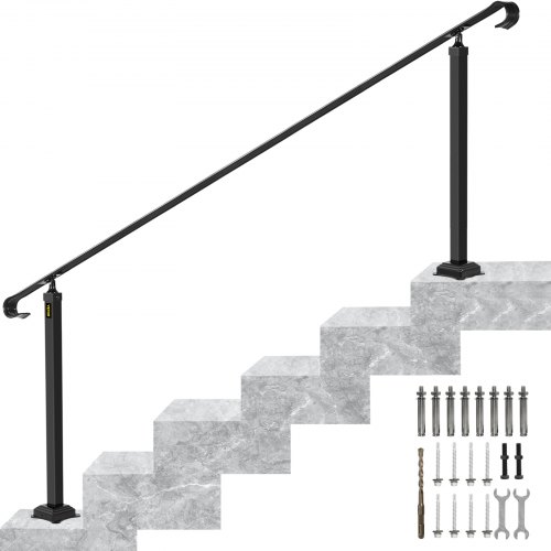 VEVOR Wrought Iron Handrail, Fit 6 or 8 Steps Outdoor Stair Railing, Adjustable Front Porch Hand Rail, Black Transitional Hand railings for Concrete Steps or Wooden Stairs with Installation Kit