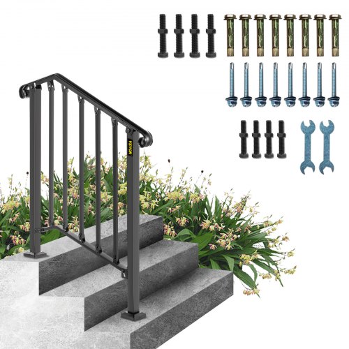 

VEVOR Handrails for Outdoor Steps, Fit 2 or 3 Steps Outdoor Stair Railing, Picket#2 Wrought Iron Handrail, Flexible Porch Railing, Black Transitional Handrails for Concrete Steps or Wooden Stairs