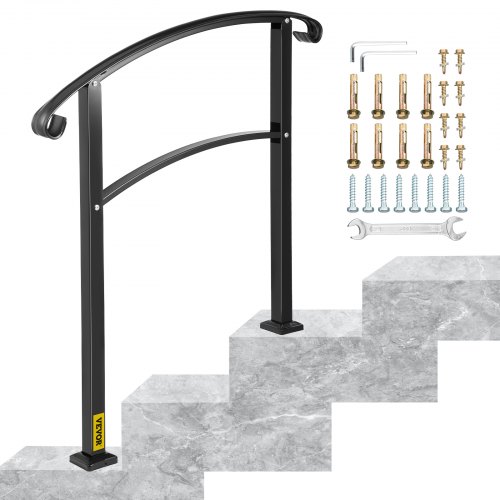 VEVOR 3-Step Transitional Handrail Fits 1 or 3 Steps Matte Stair Rail Wrought Iron Handrail with Installation Kit Hand Rails for Outdoor Steps (Unadju