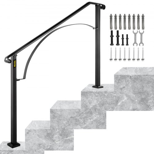 VEVOR Handrails For Outdoor Steps, Fit 3 Or 4 Steps Outdoor Stair Railing, Arch#3 Wrought Iron Handrail, Flexible Porch Railing, Black Transitional Ha