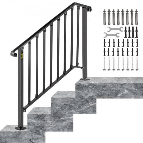 VEVOR Handrails For Outdoor Steps, Fit 3 Or 4 Steps Outdoor Stair Railing, Picket#3 Wrought Iron Handrail, Flexible Porch Railing, Black Transitional