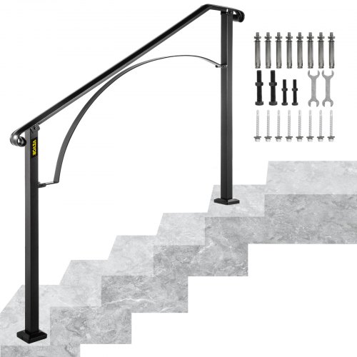 VEVOR Handrails For Outdoor Steps, Fit 4 Or 5 Steps Outdoor Stair Railing, Arch#4 Wrought Iron Handrail, Flexible Porch Railing, Black Transitional Ha