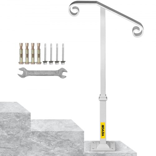 VEVOR Single Post Handrail White Wrought Iron Post Mount Step Grab Supports Fits 1 or 2 Steps Grab Rail Single Post Railing