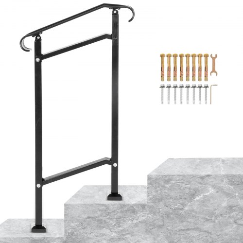 VEVOR Outdoor Stair Railing, Fit 1 or 2 Steps Wrought Iron Handrail, Adjustable Front Porch Hand Railings, Black Transitional Hand Rail for Concrete Steps or Wooden Stairs with Installation Kit