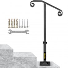 VEVOR Handrails for Outdoor Steps, Fit 1 or 2 Steps Outdoor Stair Railing, Single Post Wrought Iron Handrail, Gray Transitional Porch Railings for Concrete Steps or Wooden Stairs with Base