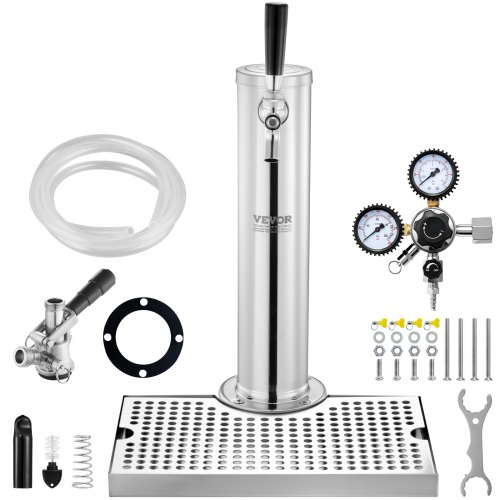 

VEVOR Kegerator Tower Kit, Single Tap Beer Conversion Kit, Stainless Steel Keg Beer Tower Dispenser with Dual Gauge CGA320 Regulator & D-System Keg Coupler, Beer Drip Tray for Party Home