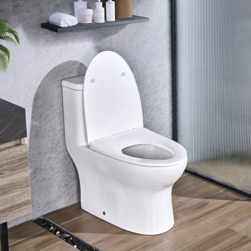 VEVOR One-Piece Toilet, Elongated Toilet Vortex Dual-Flush 1.0/1.28 GPF, Toilets for Bathroom with Comfortable Chair Seat, Standard Height, 12 inch Rough-In, White + Silver, Easy-Clean Skirted Design LTSMT12INCH1F9AJ9001V0