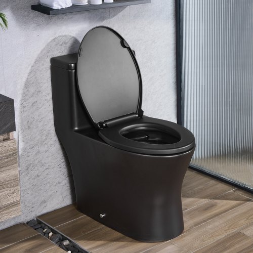 VEVOR One-Piece Toilet, Elongated Toilet Vortex Dual-Flush 1.0/1.28 GPF, Toilets for Bathroom with Comfortable Chair Seat, Standard Height, Easy-Clean Skirted Design, 12 inch Rough-In, Black + Silver LTSMT12INCH1K4KCU001V0