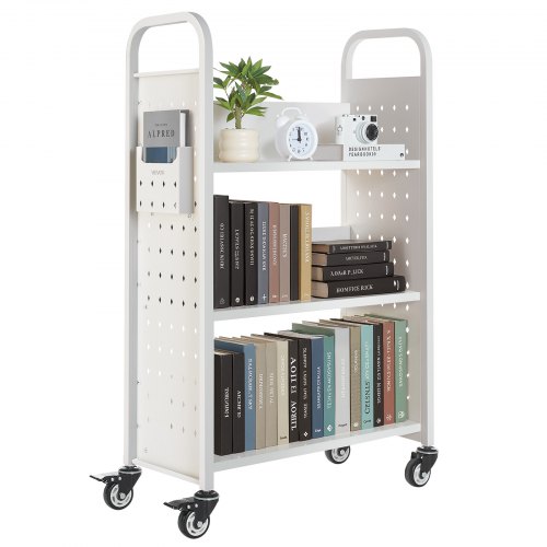 VEVOR Rolling Library Book Cart, 330 lbs Capacity, 30.3 x 15 x 48.0-Inch Library Cart, Single Sided L-Shaped Shelves with 3-Inch Lockable Wheels, Book Truck for Home Shelves Office and School, White