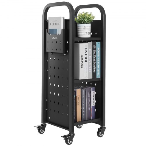 

VEVOR 3-Tier Rolling Book Cart Single Sided L-Shaped Shelves Book Truck Black