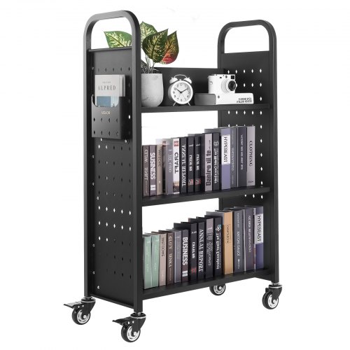 

VEVOR Rolling Library Book Cart, 330 lbs Capacity, 30.3 x 15 x 48.0-Inch Library Cart, Single Sided L-Shaped Shelves with 3-Inch Lockable Wheels, Book Truck for Home Shelves Office and School, Black