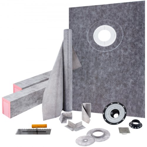 VEVOR Shower Curb Kit 38"x60" Watertight Shower Curb Overlay with 4" PVC Offset Bonding Flange, 4" Stainless Steel Grate, 2 Cuttable Shower Curb and Trowel, Shower Pan Slope Sticks Fit for Bathroom