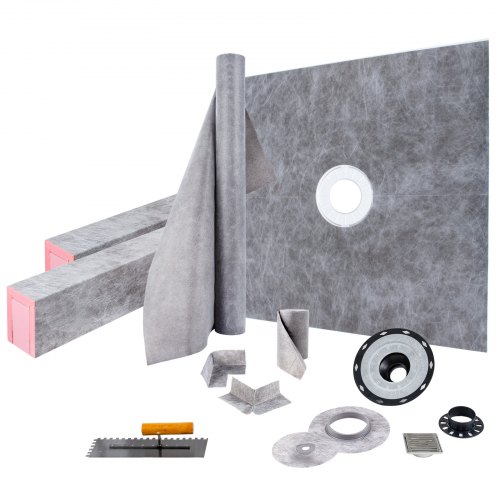 VEVOR Shower Curb Kit, 48\”x48\” Watertight Shower Curb Overlay with 4\” ABS Central Bonding Flange, 4\” Stainless Steel Grate, 2 Cuttable Shower Curb